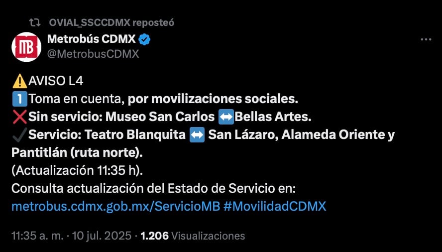 L4 del Metrobús CDMX sin servicio por bloqueo de la CNTE