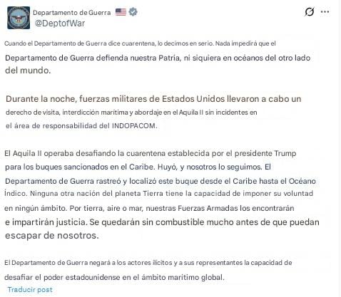 Departamento de Guerra informa la persecusión de buque petrolero en el Caribe.