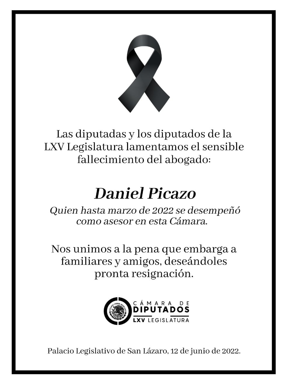 Cámara de Diputados lamenta asesinato de Daniel Picazo