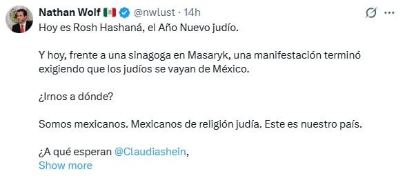 Nathan Wolf condena expresiones antisemitas durante manifestación en Polanco