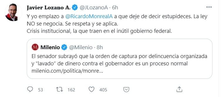 Javier Lozano reta a Ricardo Monreal en Twitter