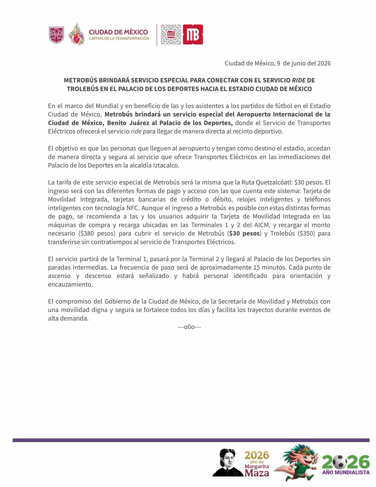 Comunicado del Metrobús sobre la ruta especial por el Mundial 2026.