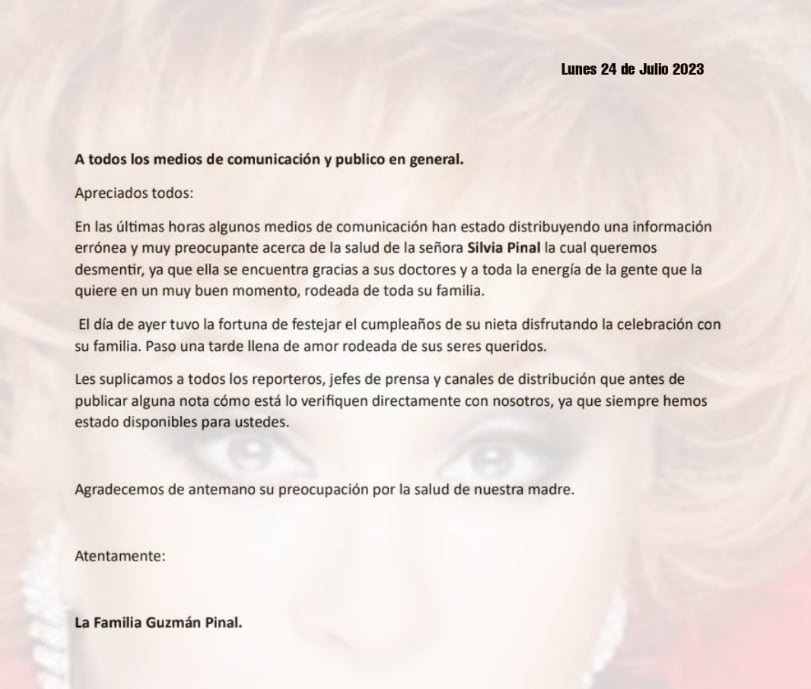 Familia de Silvia Pinal desmiente que esté delicada de salud