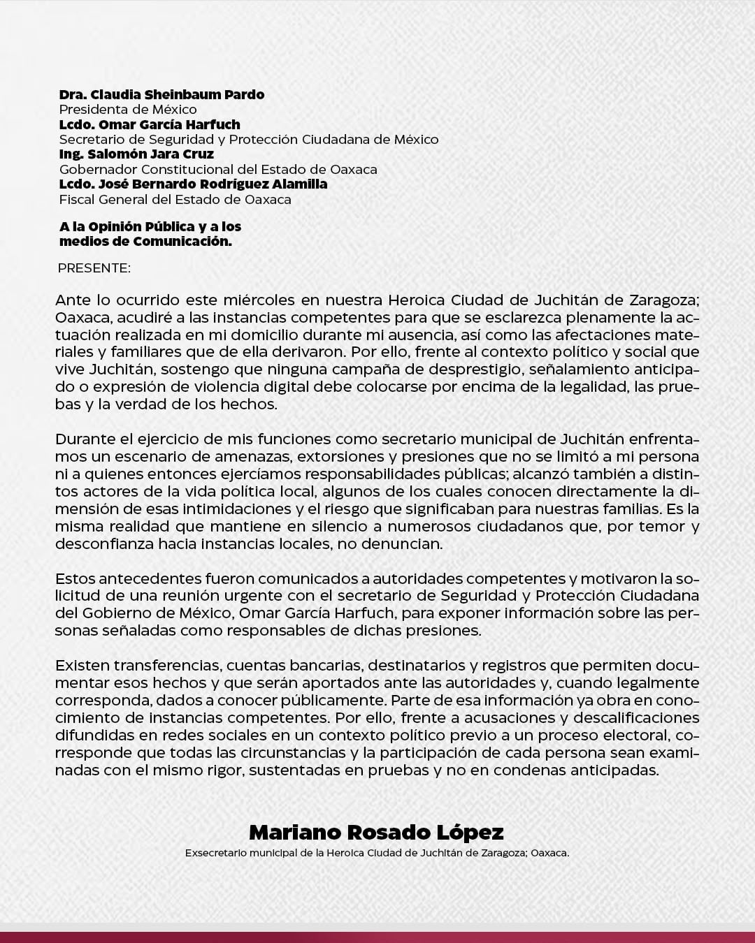 Comunicado de Mariano Rosado López, suplente de Miguel Sánchez