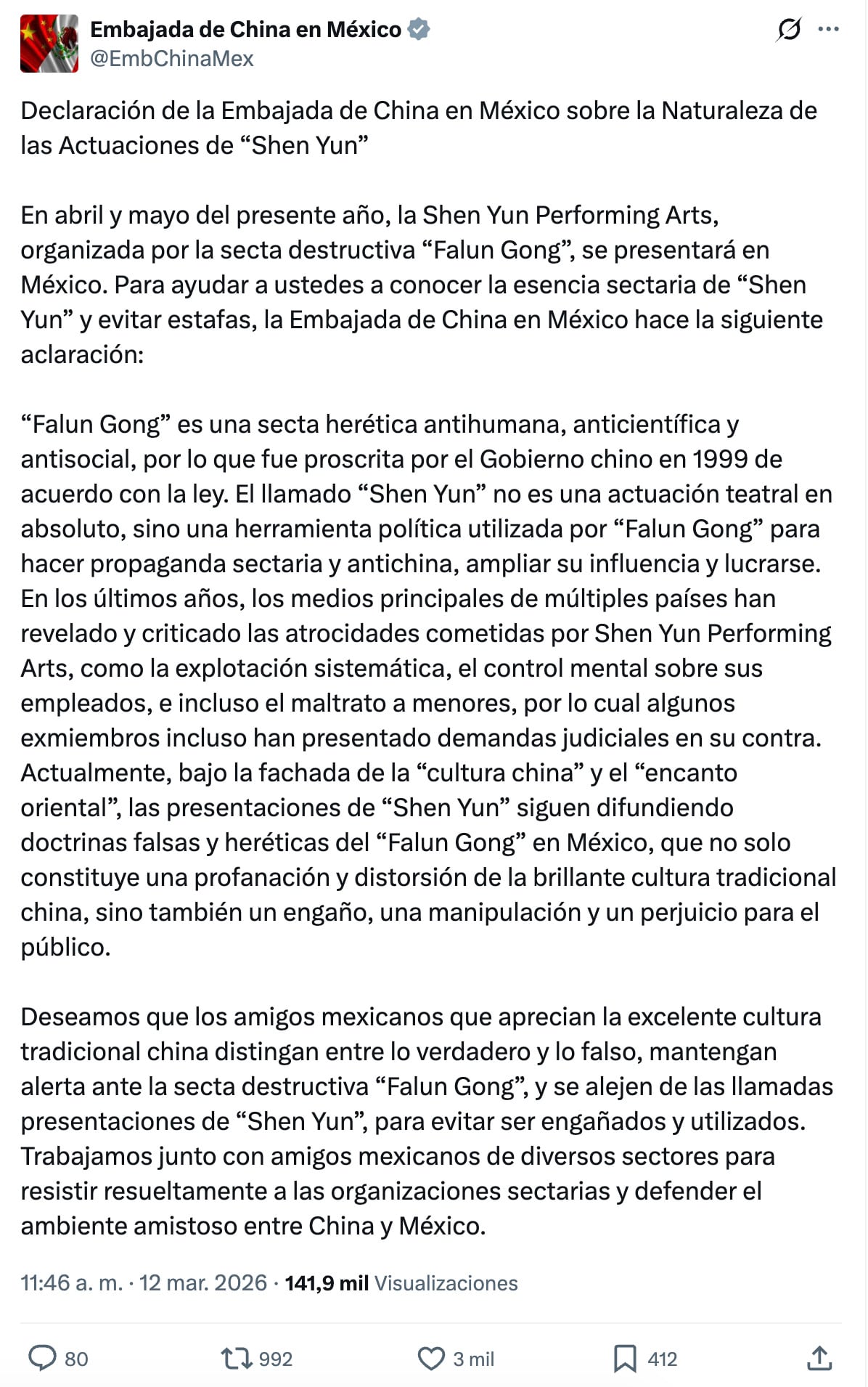 Declaraciones de la Embajada de China en México sobre el espectáculo Shen Yun