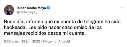 hackean cuenta del gobernador de Sinaloa, Rubén Rocha/Twitter