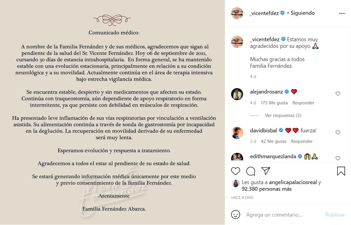 Publicación de Vicente Fernández en Instagram