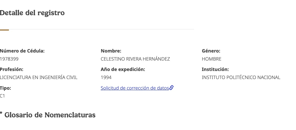 Registro de Licenciatura en Ingeniería Civil de Celestino Rivera Hernández