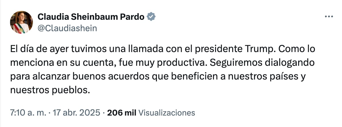 Claudia Sheinbaum destaca productividad de llamada con Donald Trump