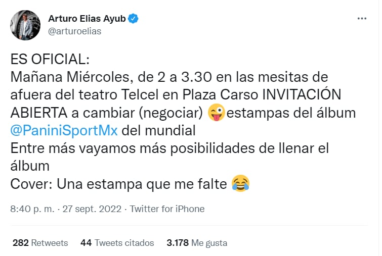 Arturo Elías Ayub invita al intercambio de estampitas del Mundial de Qatar 2022 en Plaza Carso