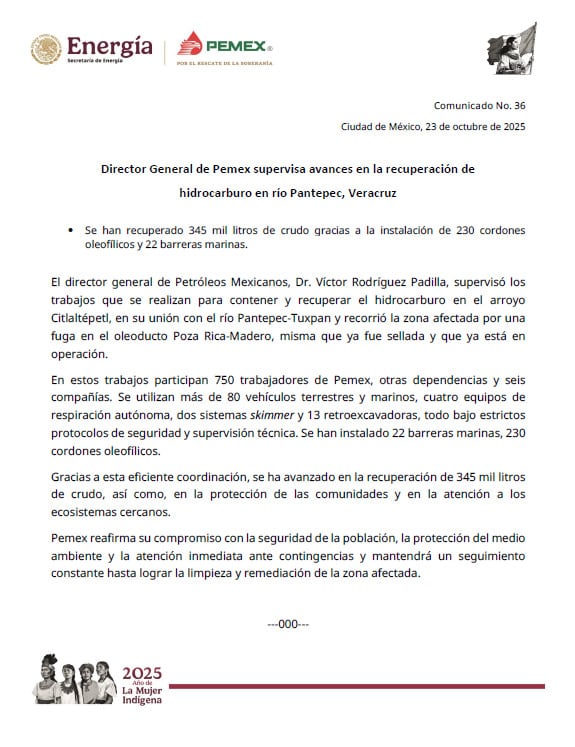 Pemex revela comunicado que la fuga de petróleo en Veracruz, ya fue controlada