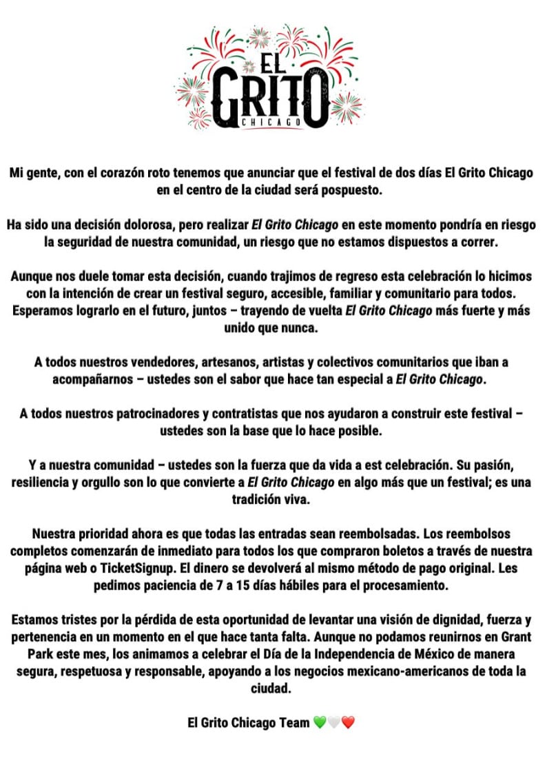 El Grito Chicago cancela festival por miedo a redadas de ICE.