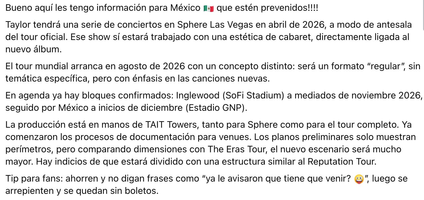 Taylor Swift tendría una gira en México en 2026