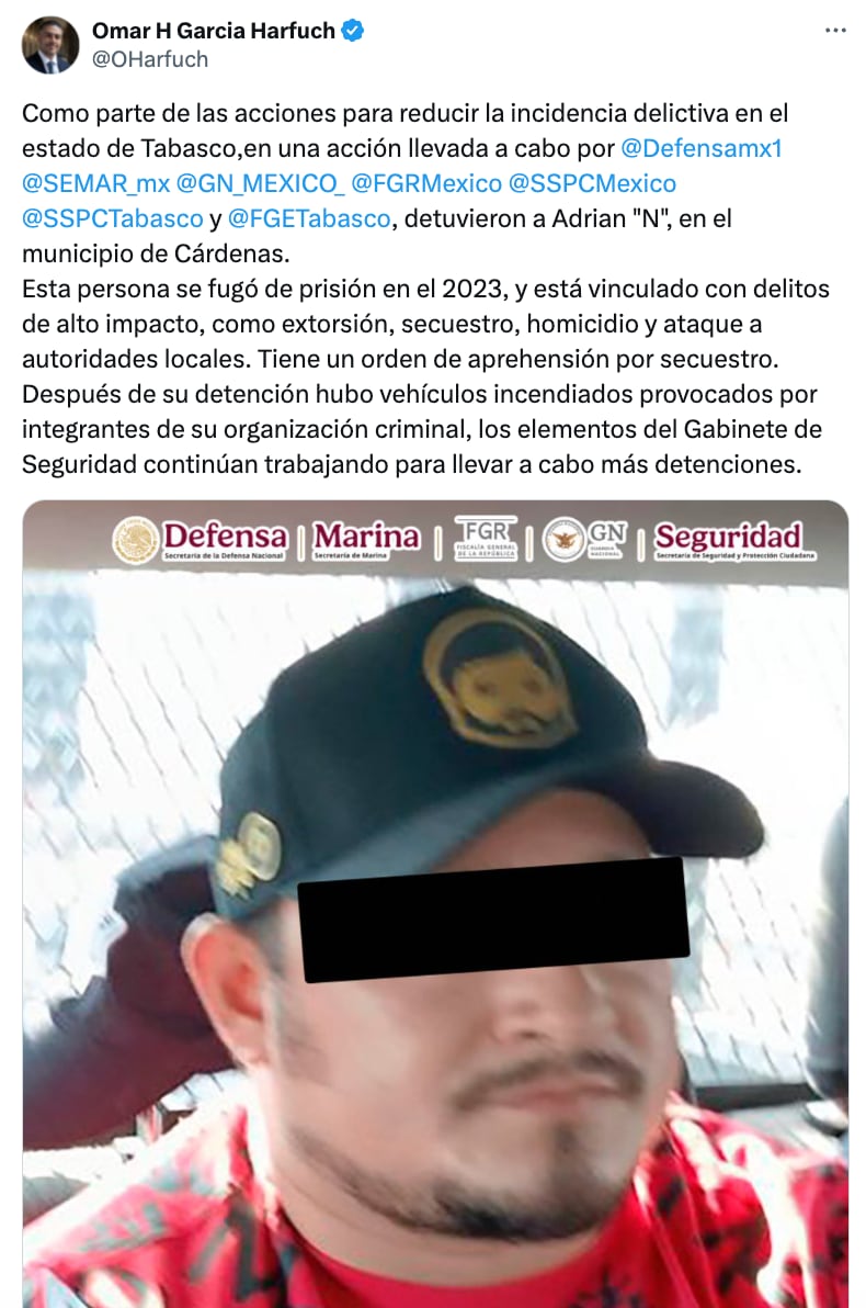 Omar García Harfuch informa sobre detención de líder criminal en Tabasco