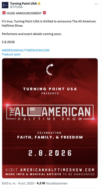 Turning Point USA competirá con espectáculo del medio tiempo del Super Bowl