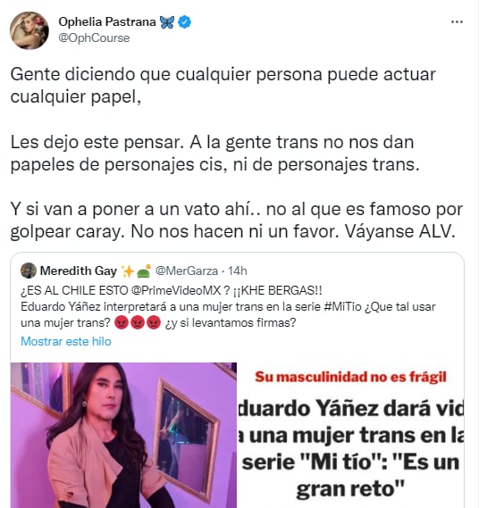 Ophelia Pastrana se va contra Eduardo Yáñez en personaje trans.