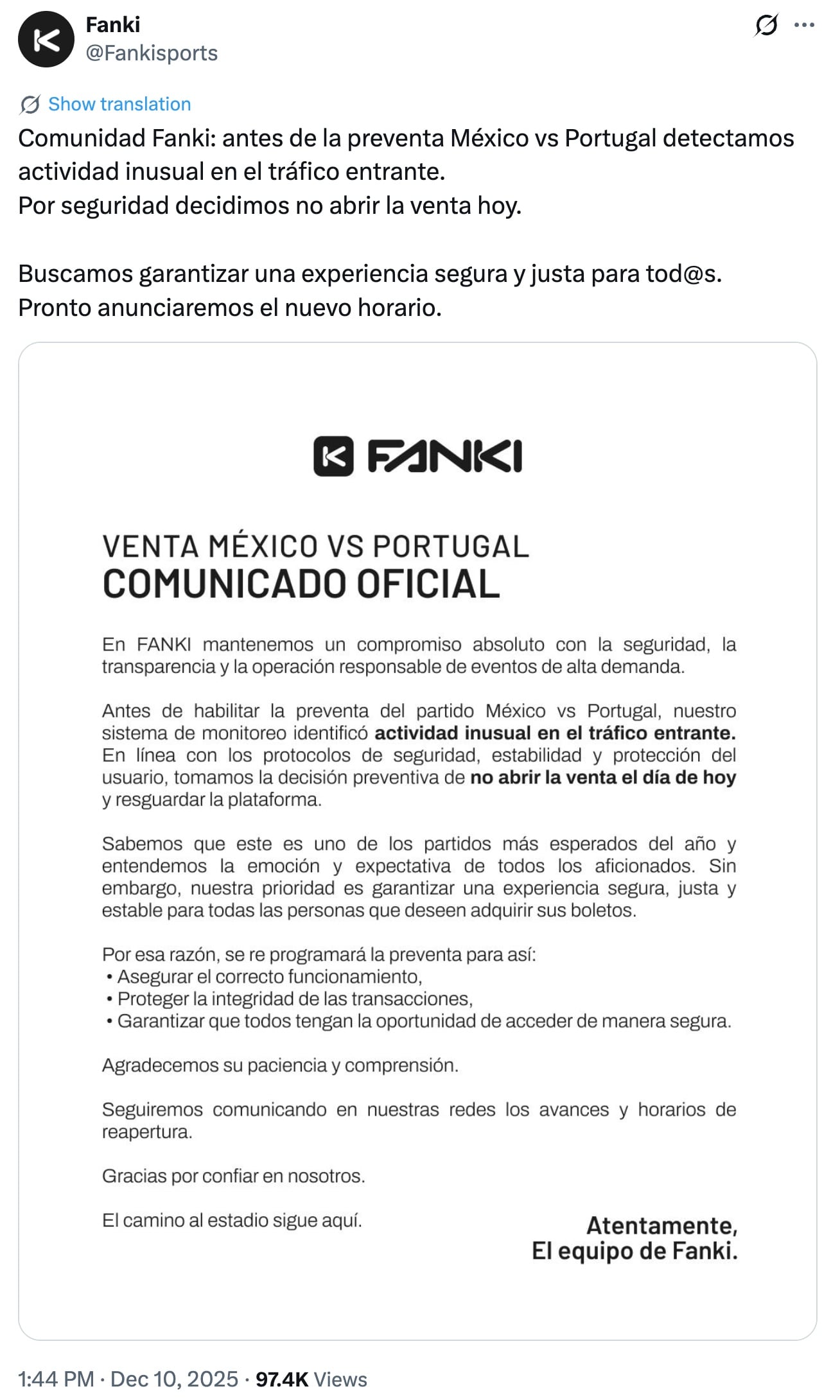 Fanki pospone venta de boletos para el México vs Portugal.