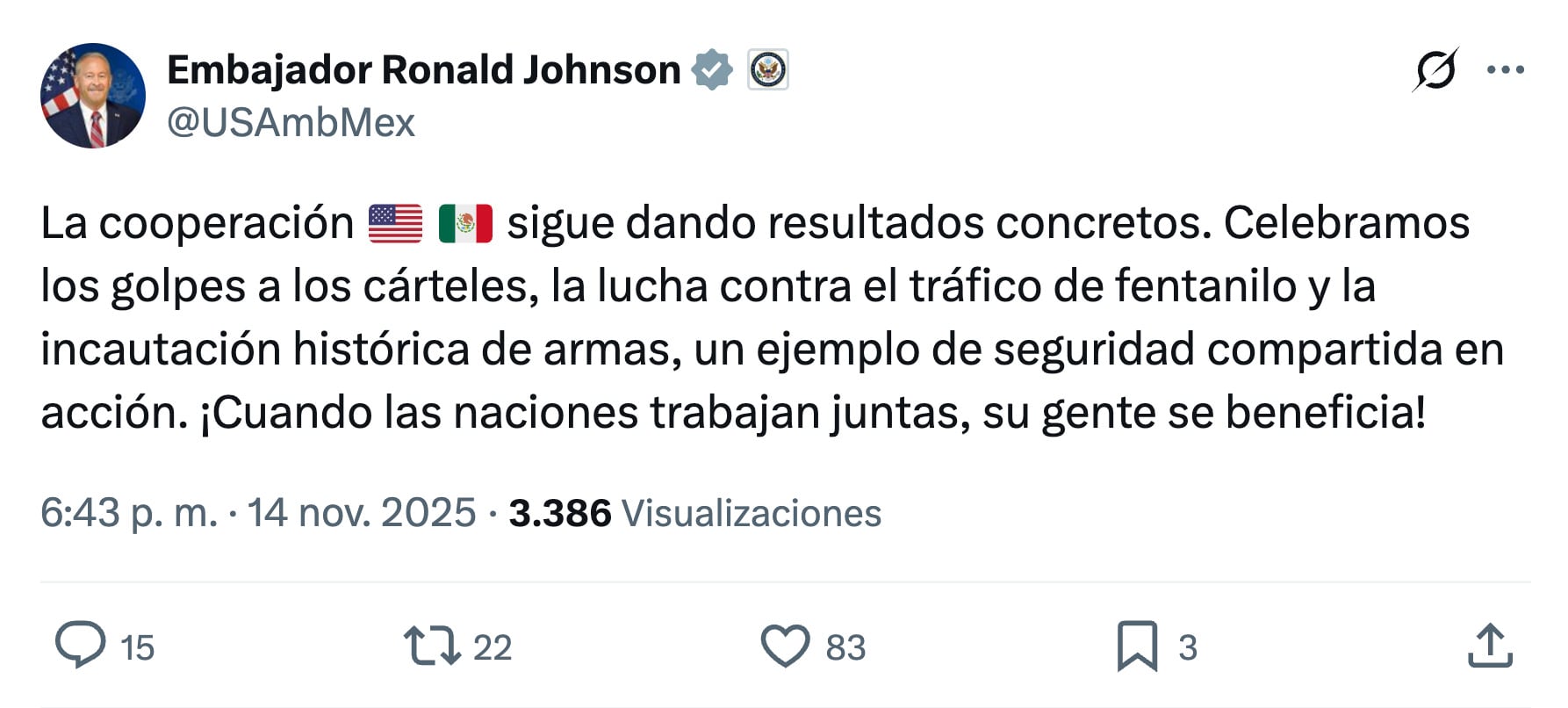 Ronald Johnson celebra avance de cooperación con México