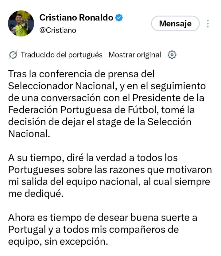 Publicación de Cristiano Ronaldo en las redes sociales