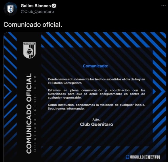 Querétaro FC lanzó comunicado sobre lo acontecido en su partido vs Atlas FC