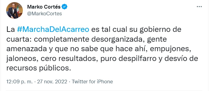 PAN tunde a AMLO por la marcha del 27 de noviembre