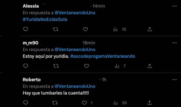 Mensajes en la cuenta de Twitter de Ventaneando, apoyando a Yuridia