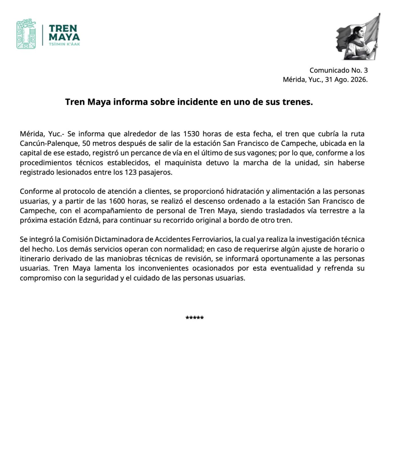 Tren Maya confirma incidente el 31 de agosto