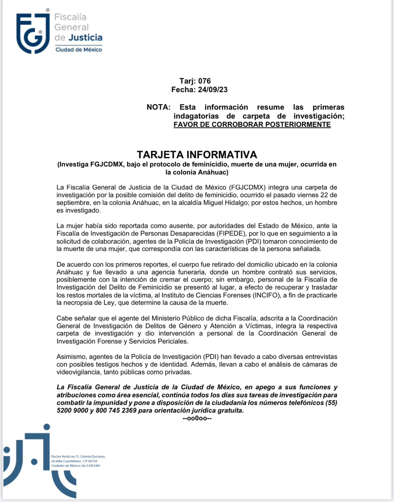 Fiscalía investiga feminicidio en Miguel Hidalgo