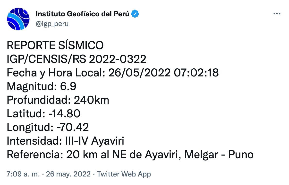 Tuit informativo sismo en Perú