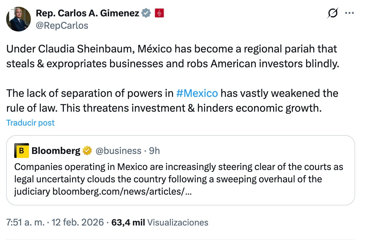 Embajada de México en Estados Unidos defiende a Claudia Sheinbaum ante críticas del congresista Carlos A. Gimenez