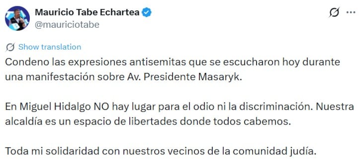 Mauricio Tabe condena expresiones antisemitas durante manifestación en Polanco