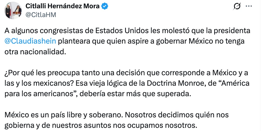 Citlalli Hernández responde a críticas desde Estados Unidos contra reforma de doble nacionalidad