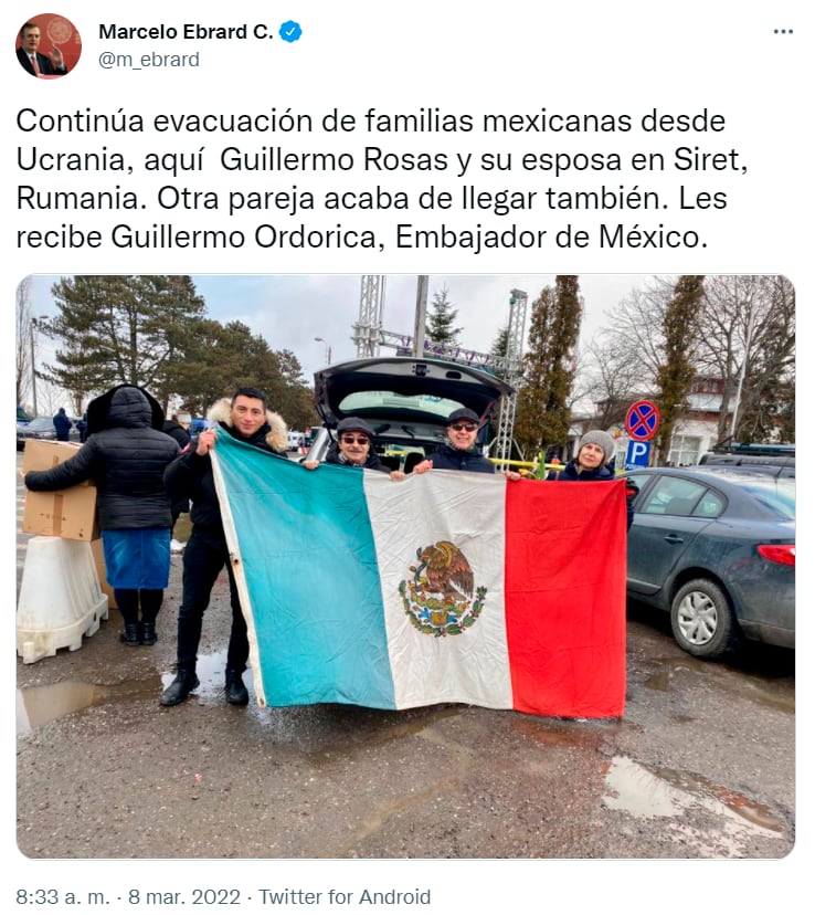 tuit de Marcelo Ebrard sobre que aún continúa la evacuación de familias mexicanas de Ucrania