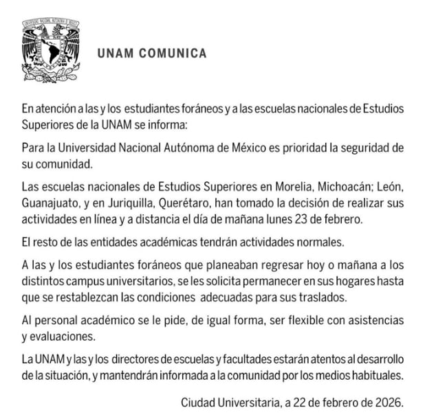 UNAM suspende clases tras caída de El Mencho