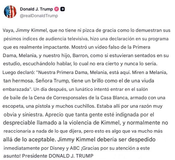 Donald Trump exige a ABC despedir a Jimmy Kimmel tras polémica por atentado