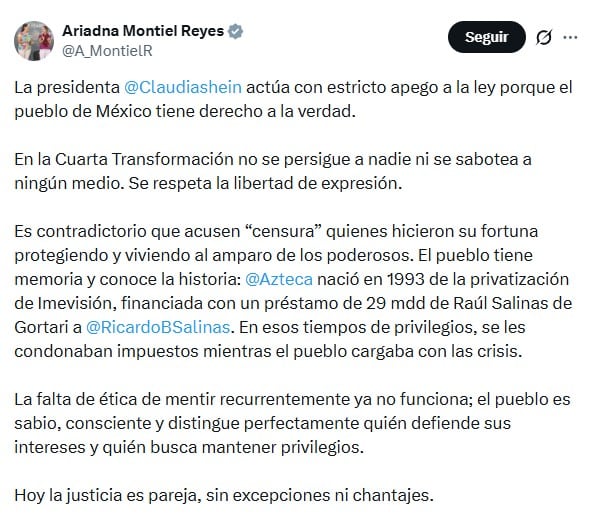 Ariadna Montiel responde a Salinas Pliego tras acusar censura contra TV Azteca