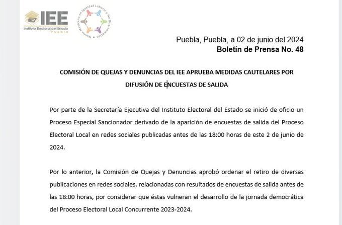 IEEP ordena retirar encuesta de salida; incumplieron horario de publicación