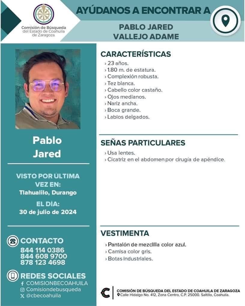 ¿Qué le pasó a Pablo Jared Vallejo? Joven desaparecido es buscado en Coahuila y Durango