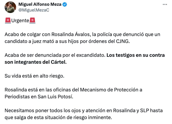 Alertan de alto riesgo contra Rosalinda Ávalos por denuncia