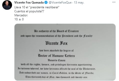 Tuit de Vicente Fox.