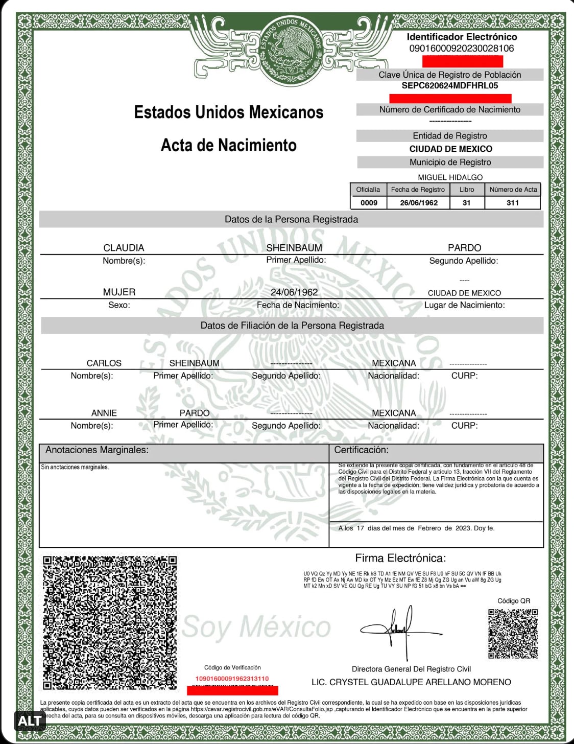 Acta de nacimiento de Claudia Sheinbaum