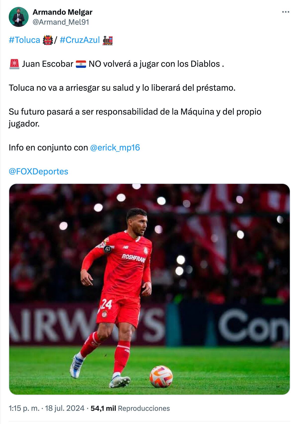 Toluca no quiere arriesgar la salud de Juan Escobar.