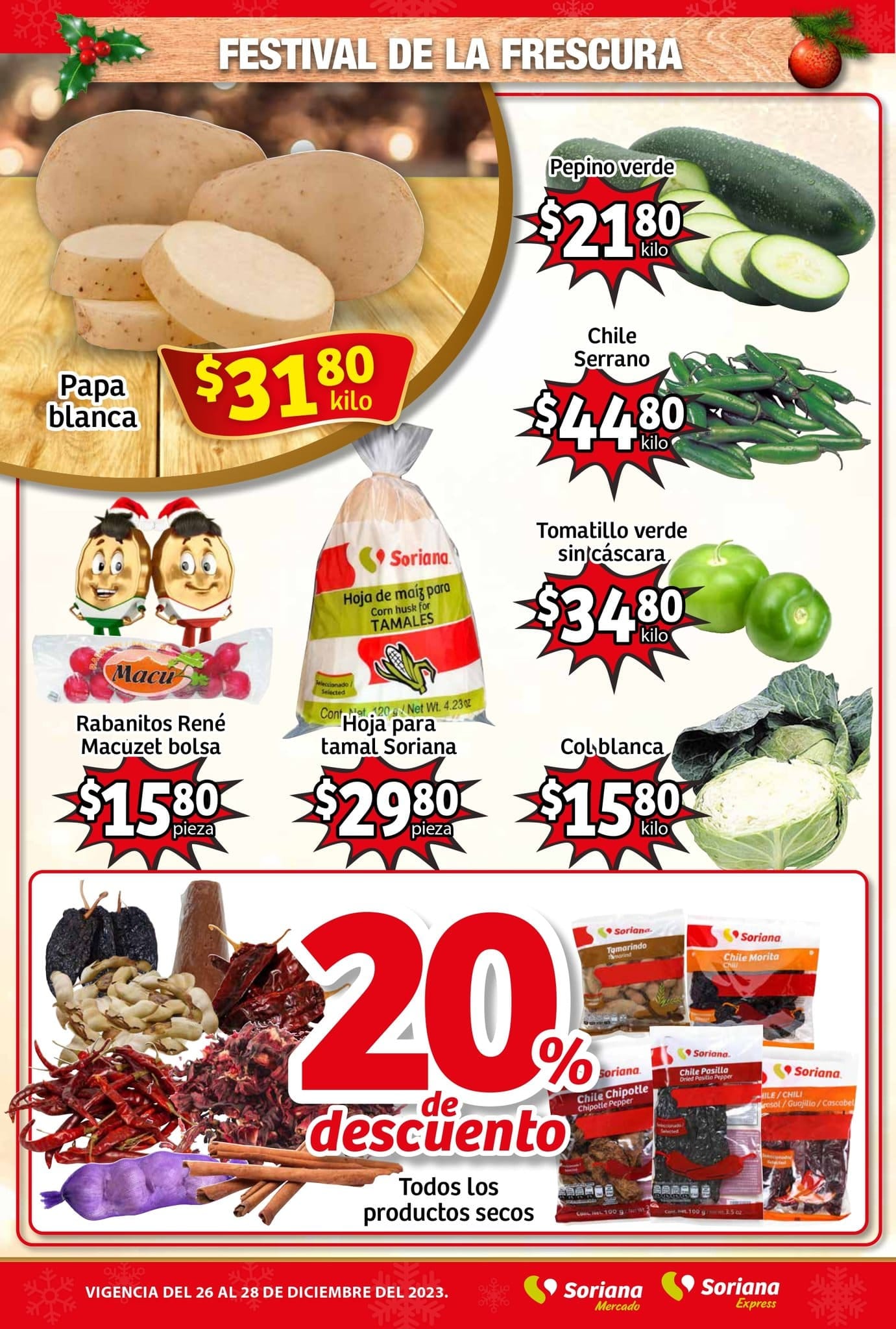 Folleto Soriana Mercado frutas, verduras y carnes 26 al 28 de diciembre 2023