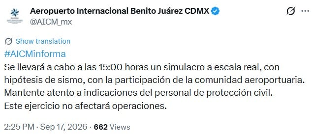 AICM anuncia simulacro a escala real en sus instalaciones esta tarde