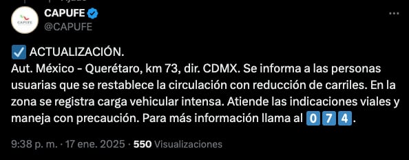Reabren circulación rumbo a CDMX en Autopista México-Querétaro