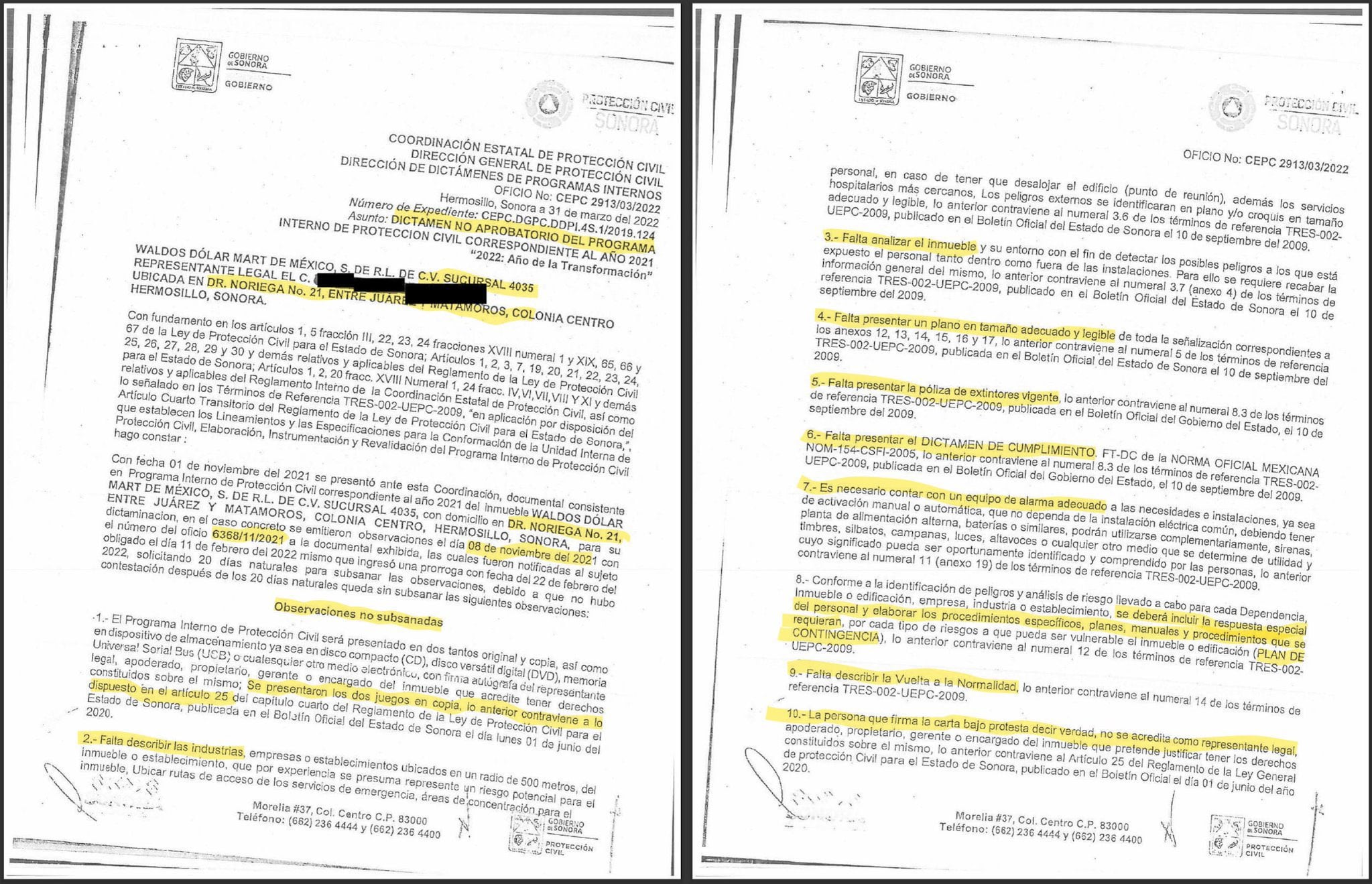 Observaciones no subsanadas de Protección Civil en Waldo's Hermosillo