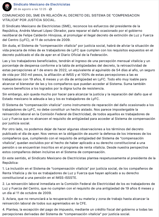 Comunicado del SME/ captura de pantalla de Facebook del SME