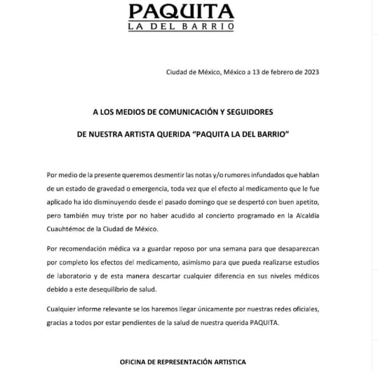 Aclaran estado de salud de Paquita la del Barrio