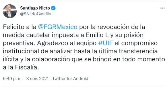 Tuit de Santiago Nieto