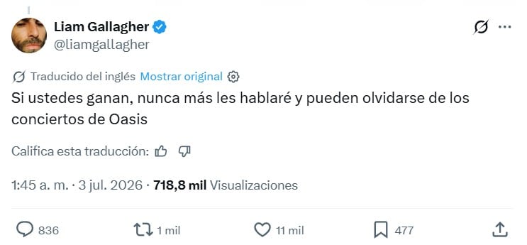 Liam Gallagher amenaza con no volver a México si Inglaterra pierde ante el Tri